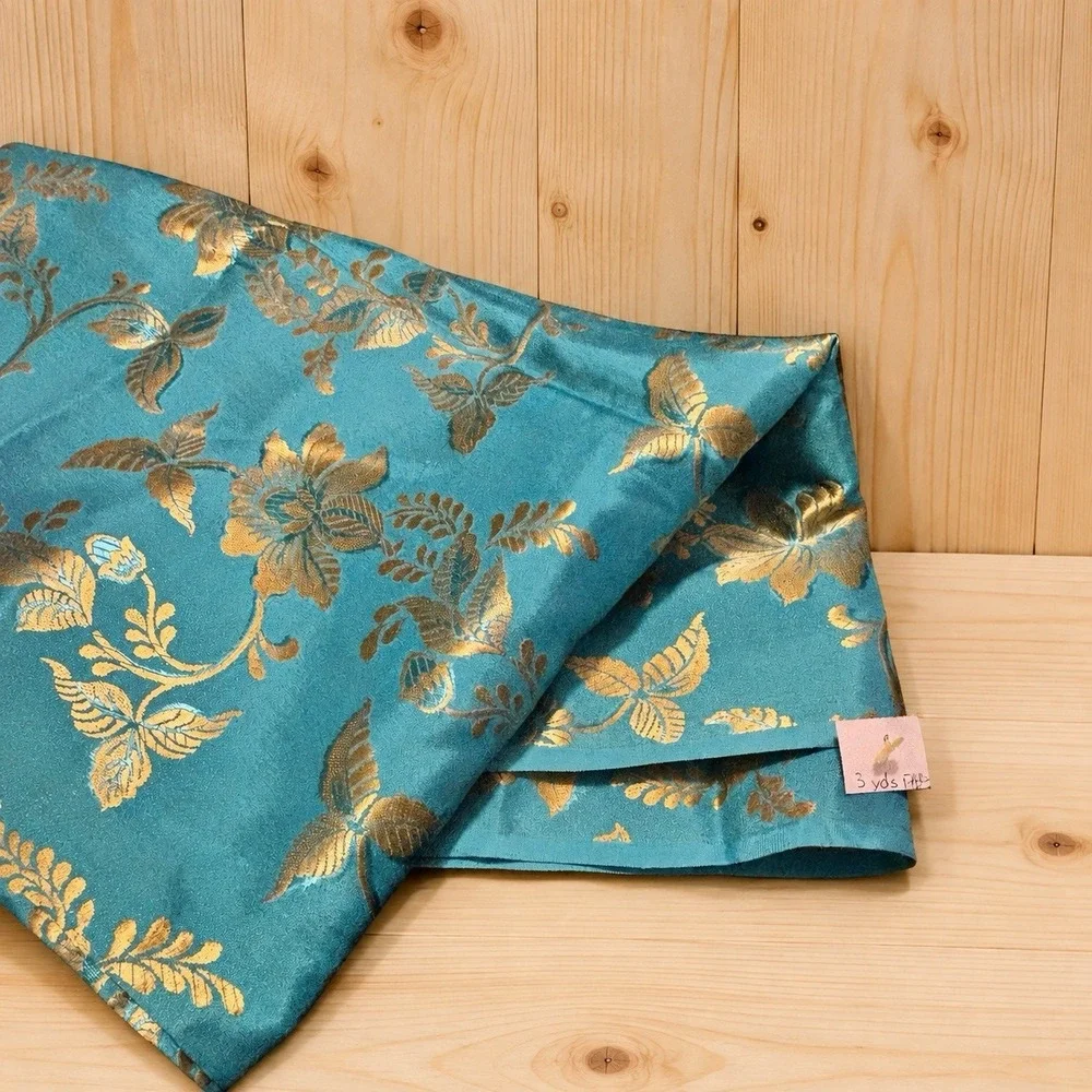 2.1 yards Teal Gold Floral Brocade Jacquard Fabric Vintage Style Reversible [C]